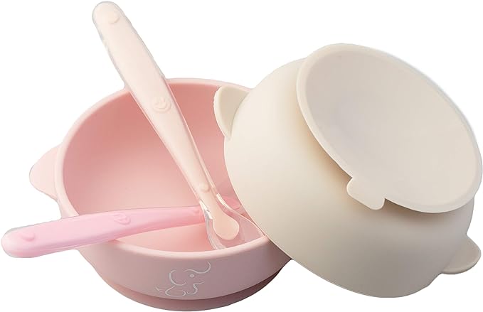 PAPU BABY Set de 2 tazones/bowl/plato y cuchara de Silicón 100% grado alimenticio con base de succión. Libre de BPA (Rosa/Beige)