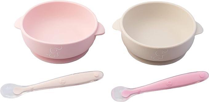 PAPU BABY Set de 2 tazones/bowl/plato y cuchara de Silicón 100% grado alimenticio con base de succión. Libre de BPA (Rosa/Beige)