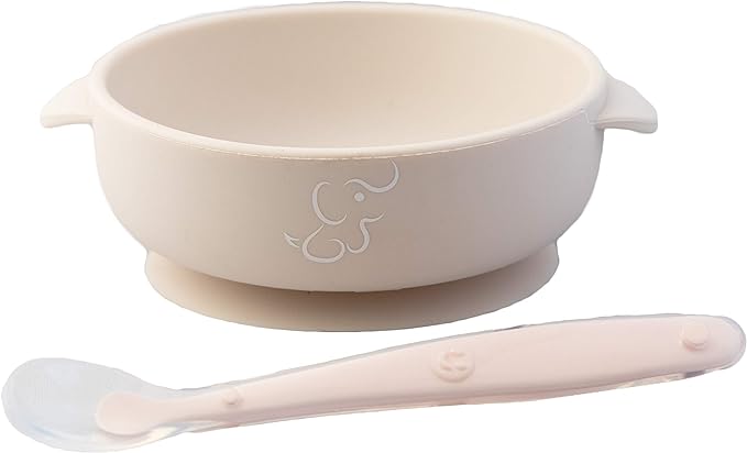 PAPU BABY Set de 2 tazones/bowl/plato y cuchara de Silicón 100% grado alimenticio con base de succión. Libre de BPA (Rosa/Beige)