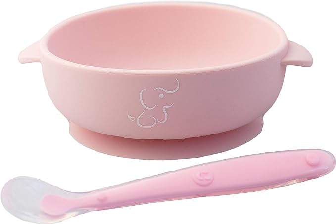 PAPU BABY Set de 2 tazones/bowl/plato y cuchara de Silicón 100% grado alimenticio con base de succión. Libre de BPA (Rosa/Beige)