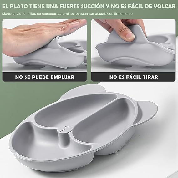 VIDA4U 8 Piezas de Vajillas de Silicona Para Bebé con 2 Plato Antideslizante, 2 Babero, 2 tenedor y 2 Cuchara, Plato de Silicona Bebe Antideslizante, Fácil de Limpiar y Libre de BPA (Gris)