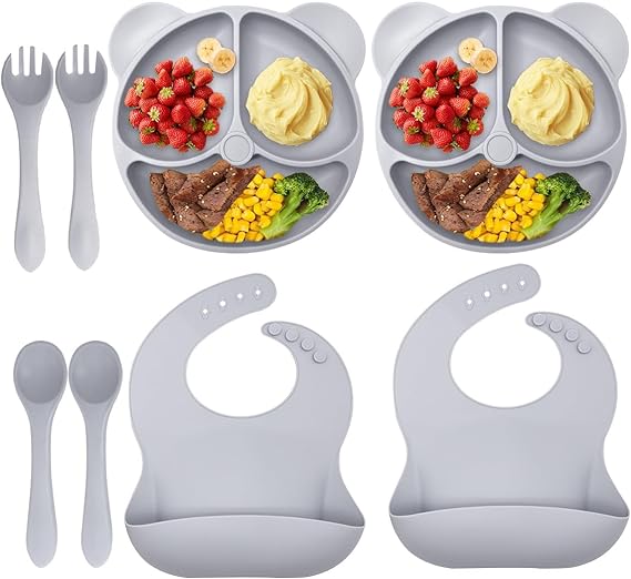 VIDA4U 8 Piezas de Vajillas de Silicona Para Bebé con 2 Plato Antideslizante, 2 Babero, 2 tenedor y 2 Cuchara, Plato de Silicona Bebe Antideslizante, Fácil de Limpiar y Libre de BPA (Gris)