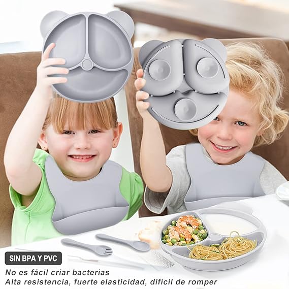 VIDA4U 8 Piezas de Vajillas de Silicona Para Bebé con 2 Plato Antideslizante, 2 Babero, 2 tenedor y 2 Cuchara, Plato de Silicona Bebe Antideslizante, Fácil de Limpiar y Libre de BPA (Gris)