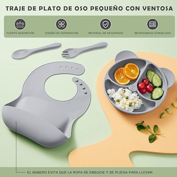 VIDA4U 8 Piezas de Vajillas de Silicona Para Bebé con 2 Plato Antideslizante, 2 Babero, 2 tenedor y 2 Cuchara, Plato de Silicona Bebe Antideslizante, Fácil de Limpiar y Libre de BPA (Gris)