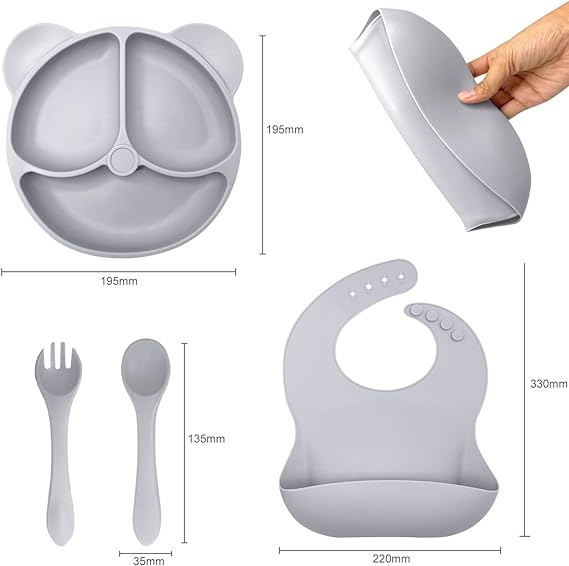 VIDA4U 8 Piezas de Vajillas de Silicona Para Bebé con 2 Plato Antideslizante, 2 Babero, 2 tenedor y 2 Cuchara, Plato de Silicona Bebe Antideslizante, Fácil de Limpiar y Libre de BPA (Gris)