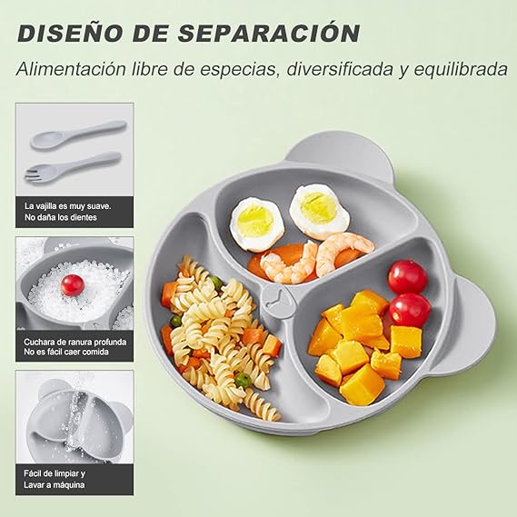 VIDA4U 8 Piezas de Vajillas de Silicona Para Bebé con 2 Plato Antideslizante, 2 Babero, 2 tenedor y 2 Cuchara, Plato de Silicona Bebe Antideslizante, Fácil de Limpiar y Libre de BPA (Gris)