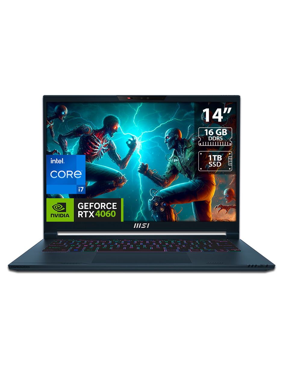 Laptop Gamer MSI Stealth Studio Gaming, Intel Core i7, Memoria 16GB, SSD 1TB, Pantalla 14", RTX 4060, Windows 11 Home. Teclado versión en inglés.
