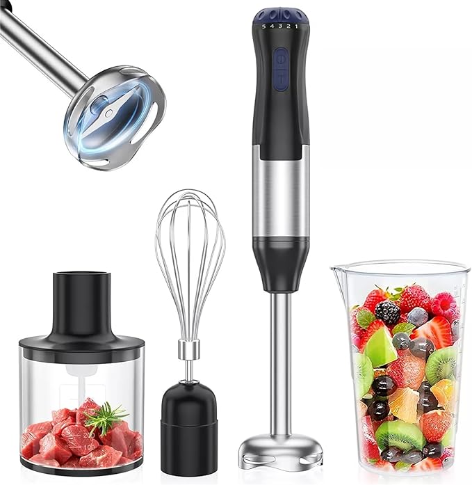 A Licuadora De Mano De Inmersión 4 En 1, 1000W Batidora De Mano Recargable De Velocidad Variable De Acero Inoxidable Con Batidor De Huevos, Vaso De Precipitados y Tazón Picador Para Café y Hornear.