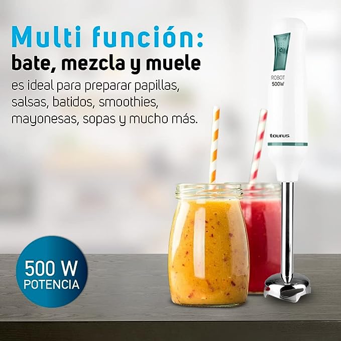 A TAURUS ROBOT 500 INOX Batidora de Inmersión 500 W | Acero Inoxidable | Caña Desmontable | Turbo Rotation System | Control Pulso | Diseño Ergonómico y Anti Salpicaduras