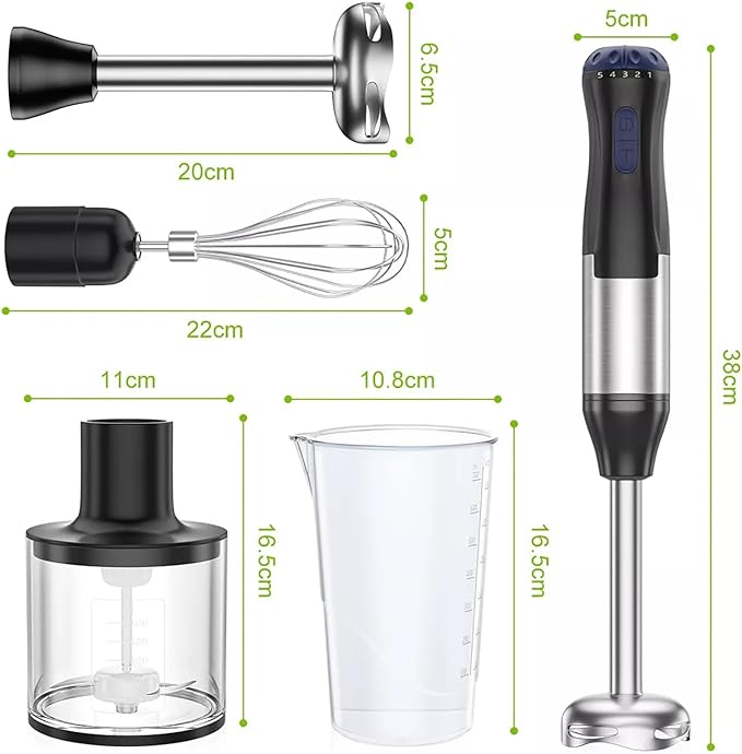 A Licuadora De Mano De Inmersión 4 En 1, 1000W Batidora De Mano Recargable De Velocidad Variable De Acero Inoxidable Con Batidor De Huevos, Vaso De Precipitados y Tazón Picador Para Café y Hornear.