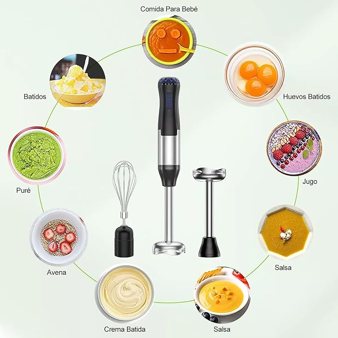 A Licuadora De Mano De Inmersión 4 En 1, 1000W Batidora De Mano Recargable De Velocidad Variable De Acero Inoxidable Con Batidor De Huevos, Vaso De Precipitados y Tazón Picador Para Café y Hornear.