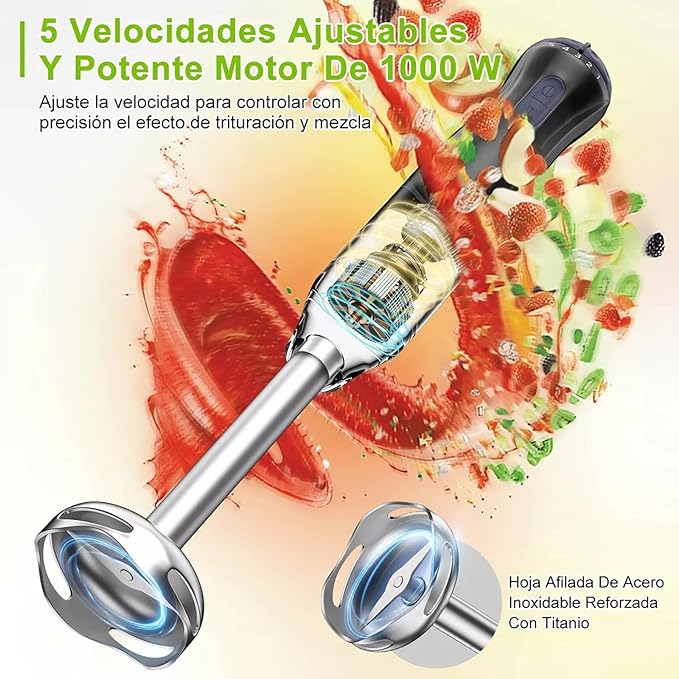 A Licuadora De Mano De Inmersión 4 En 1, 1000W Batidora De Mano Recargable De Velocidad Variable De Acero Inoxidable Con Batidor De Huevos, Vaso De Precipitados y Tazón Picador Para Café y Hornear.