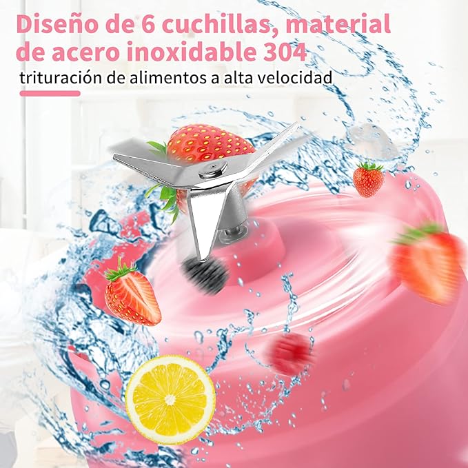 A Licuadora portátil Licuadora USB Recargable, Licuadora Portatil Para Papillas,Malteadas, Frutas Y Verduras, 6 3D Aspas, 380 ML (Rosado)