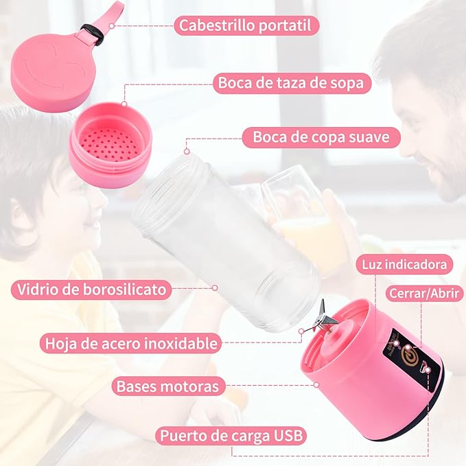 A Licuadora portátil Licuadora USB Recargable, Licuadora Portatil Para Papillas,Malteadas, Frutas Y Verduras, 6 3D Aspas, 380 ML (Rosado)