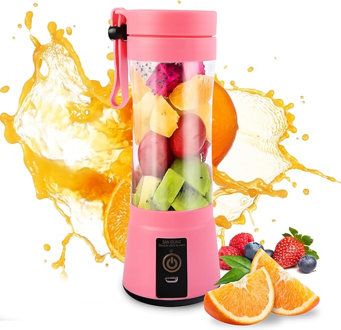 A Licuadora portátil Licuadora USB Recargable, Licuadora Portatil Para Papillas,Malteadas, Frutas Y Verduras, 6 3D Aspas, 380 ML (Rosado)