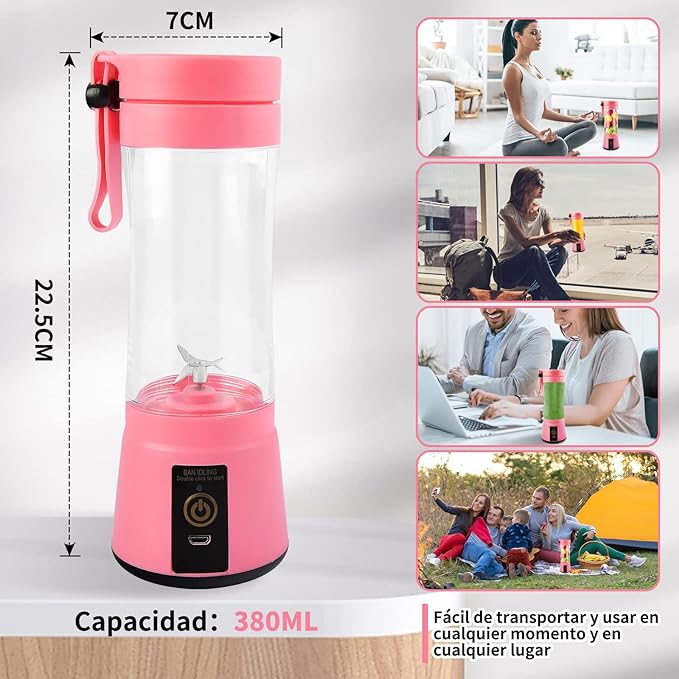 A Licuadora portátil Licuadora USB Recargable, Licuadora Portatil Para Papillas,Malteadas, Frutas Y Verduras, 6 3D Aspas, 380 ML (Rosado)