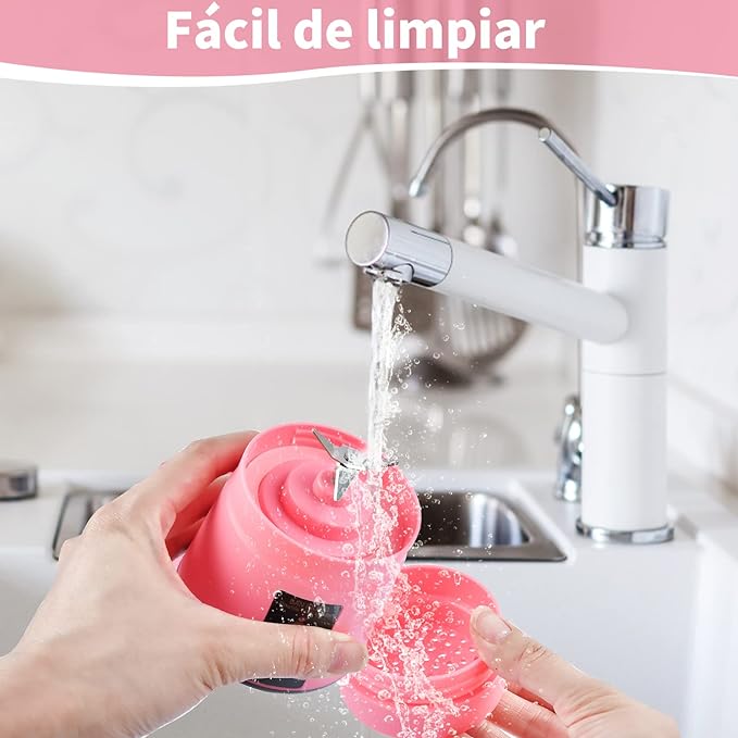 A Licuadora portátil Licuadora USB Recargable, Licuadora Portatil Para Papillas,Malteadas, Frutas Y Verduras, 6 3D Aspas, 380 ML (Rosado)