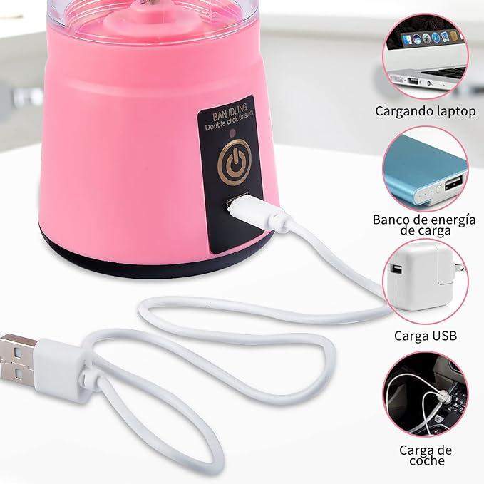 A Licuadora portátil Licuadora USB Recargable, Licuadora Portatil Para Papillas,Malteadas, Frutas Y Verduras, 6 3D Aspas, 380 ML (Rosado)