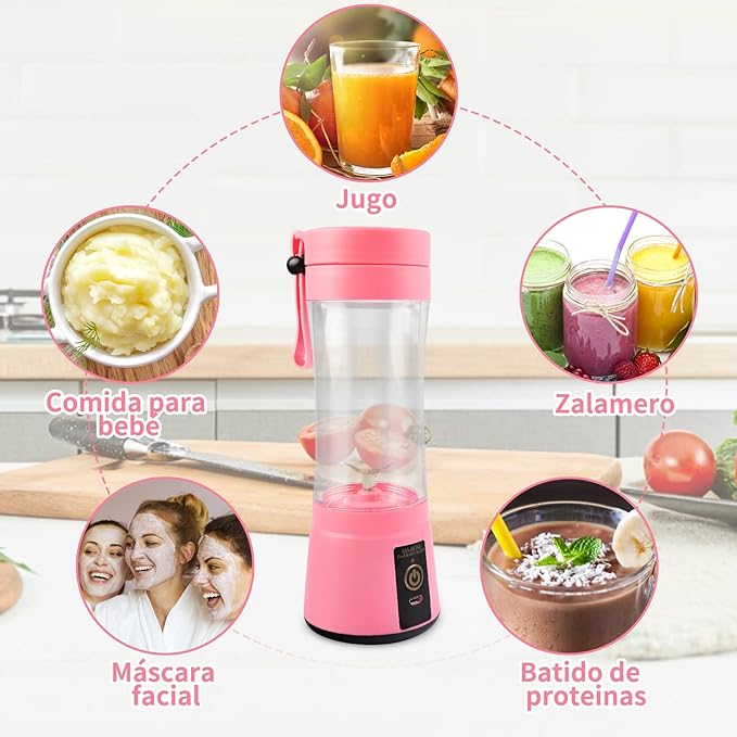 A Licuadora portátil Licuadora USB Recargable, Licuadora Portatil Para Papillas,Malteadas, Frutas Y Verduras, 6 3D Aspas, 380 ML (Rosado)
