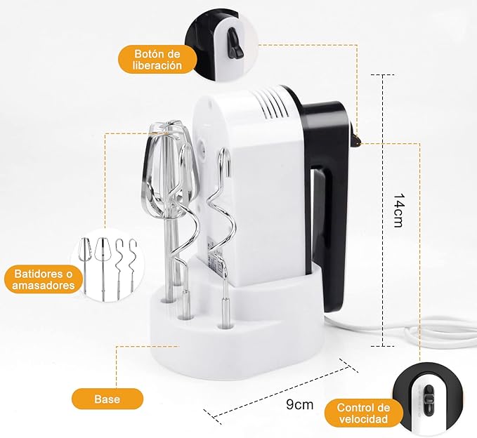 A Batidora Eléctrica Doméstico,Batidora de Mano de 5 Velocidades de 150 W,Batidora Amasadora Reposteria con 2 Varillas&2 Ganchos,Potente con Turbo Mezclador de Mano para Batir Alimentos,Huevos,Pasteles