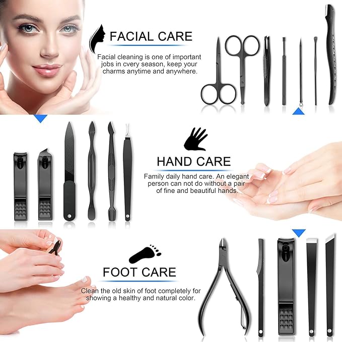 A Manicura Set-Salandens 18 en 1 Manicura y Pedicura Profesional de pedicura profesional de acero inoxidable, tijeras para uñas, lima de uñas, gancho para orejas, pinzas, tijeras para el pelo de la nariz, maquinilla de afeitar para cejas de Uñas Belleza Cuidado de Uñas Cortadores con Cuero Negro Caso