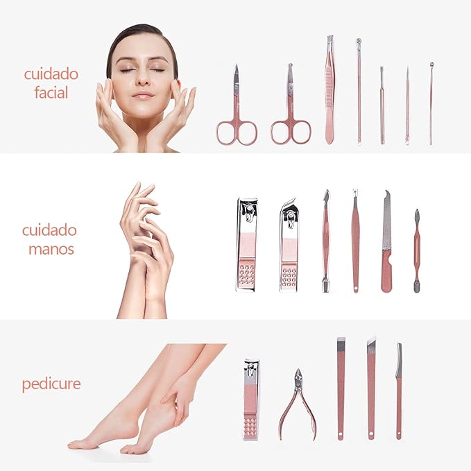 A Manicura Set, 23 In 1 Kit de Manicura y Pedicure,HONGHCL Set de Manicura de Acero Inoxidable con Herramientas Remover Cutícula, Kit de Uñas y Pedicure Profesional Herramientas con Caja de Rose Cuero para Manicura y Pedicura Piel Limpia
