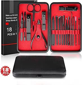 A Manicura Set-Salandens 18 en 1 Manicura y Pedicura Profesional de pedicura profesional de acero inoxidable, tijeras para uñas, lima de uñas, gancho para orejas, pinzas, tijeras para el pelo de la nariz, maquinilla de afeitar para cejas de Uñas Belleza Cuidado de Uñas Cortadores con Cuero Negro Caso