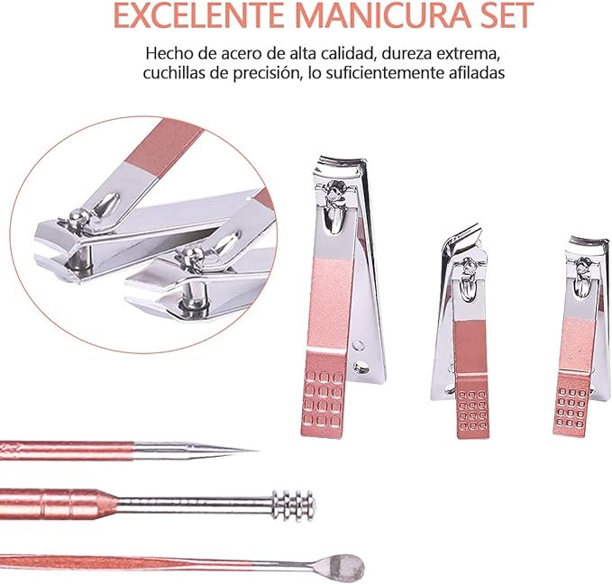A Manicura Set, 23 In 1 Kit de Manicura y Pedicure,HONGHCL Set de Manicura de Acero Inoxidable con Herramientas Remover Cutícula, Kit de Uñas y Pedicure Profesional Herramientas con Caja de Rose Cuero para Manicura y Pedicura Piel Limpia