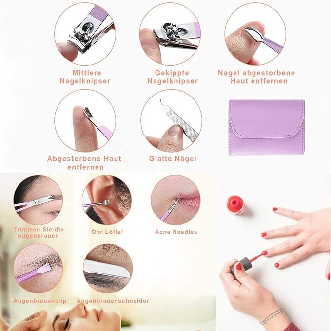 A Manicura Set 16 en 1 manicure kit acero inoxidable manicura y pedicura, conjunto de uñas de acero inoxidable, conjunto profesional de corte de uñas de belleza (Púrpura)