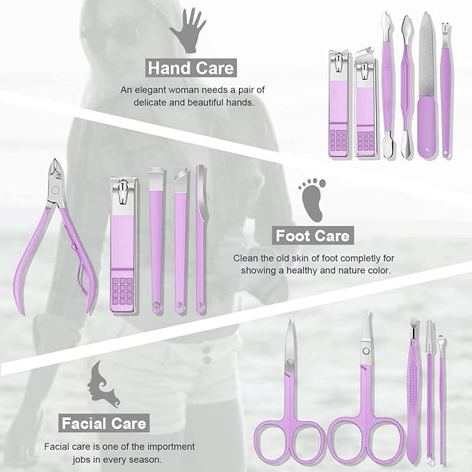 A Manicura Set 16 en 1 manicure kit acero inoxidable manicura y pedicura, conjunto de uñas de acero inoxidable, conjunto profesional de corte de uñas de belleza (Púrpura)