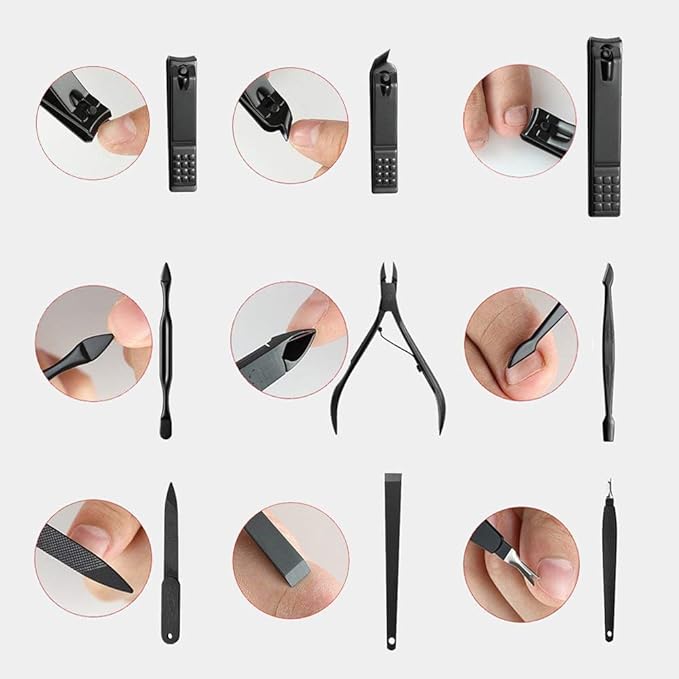 A Manicura Set-Salandens 18 en 1 Manicura y Pedicura Profesional de pedicura profesional de acero inoxidable, tijeras para uñas, lima de uñas, gancho para orejas, pinzas, tijeras para el pelo de la nariz, maquinilla de afeitar para cejas de Uñas Belleza Cuidado de Uñas Cortadores con Cuero Negro Caso