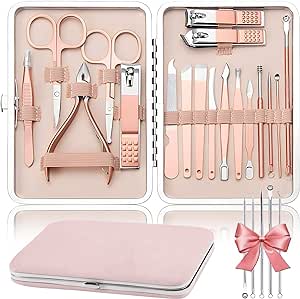 A Manicura Set, 23 In 1 Kit de Manicura y Pedicure,HONGHCL Set de Manicura de Acero Inoxidable con Herramientas Remover Cutícula, Kit de Uñas y Pedicure Profesional Herramientas con Caja de Rose Cuero para Manicura y Pedicura Piel Limpia