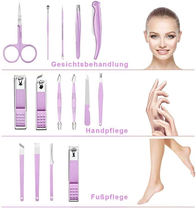 A Manicura Set 16 en 1 manicure kit acero inoxidable manicura y pedicura, conjunto de uñas de acero inoxidable, conjunto profesional de corte de uñas de belleza (Púrpura)