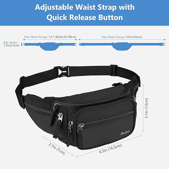 Procase Cangurera para Hombre Mujer, Bolso Deportivo de Cintura al Aire Libre con Cinturón Regulable y Hebilla Rápida para Viaje Senderismo Correr Entrenamiento (Negro)