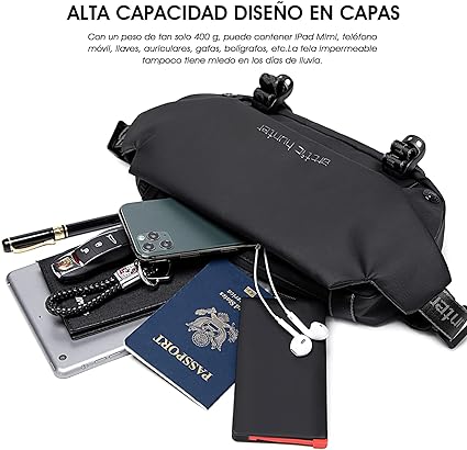 Riñonera Hombre YB00047, ARCTIC HUNTER AH Bandolera Cruzada Impermeable, Bolso de Pecho Antirrobo con Cremallera para Viaje, Senderismo, Ocio y Actividades al Aire Libre para Mujeres y Hombres (Negro)