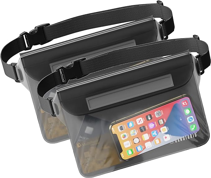 Canotagio Cangurera Impermeable | Set de 2 | Cangurera Sumergible Compatible con Celular iPhone. Bolsa Seca a Prueba de Agua para Playa y Alberca. Funda Impermeable. Waterproof Pouch (Negro)
