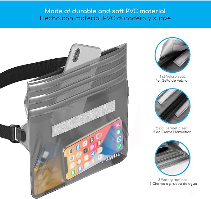 Canotagio Cangurera Impermeable | Set de 2 | Cangurera Sumergible Compatible con Celular iPhone. Bolsa Seca a Prueba de Agua para Playa y Alberca. Funda Impermeable. Waterproof Pouch (Negro)