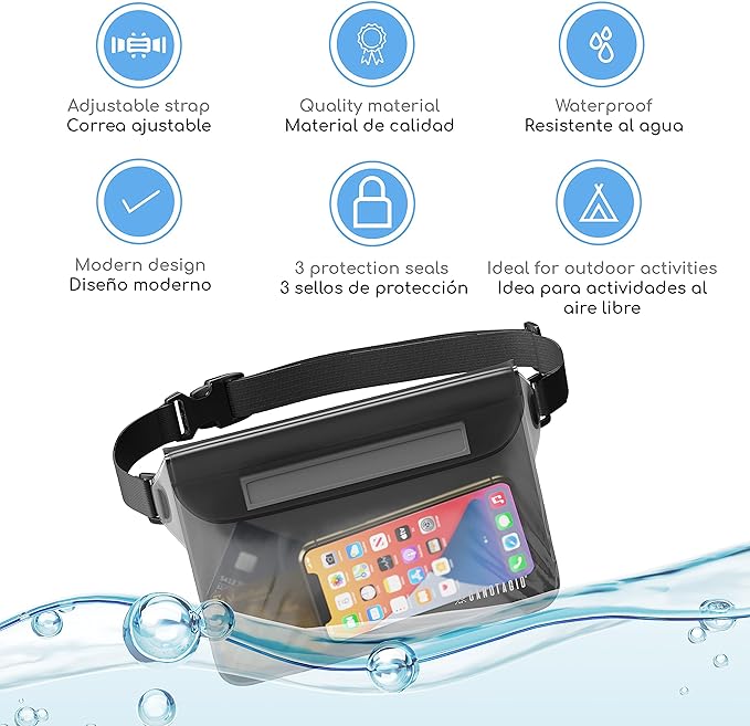 Canotagio Cangurera Impermeable | Set de 2 | Cangurera Sumergible Compatible con Celular iPhone. Bolsa Seca a Prueba de Agua para Playa y Alberca. Funda Impermeable. Waterproof Pouch (Negro)