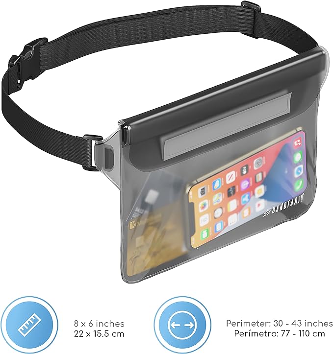 Canotagio Cangurera Impermeable | Set de 2 | Cangurera Sumergible Compatible con Celular iPhone. Bolsa Seca a Prueba de Agua para Playa y Alberca. Funda Impermeable. Waterproof Pouch (Negro)