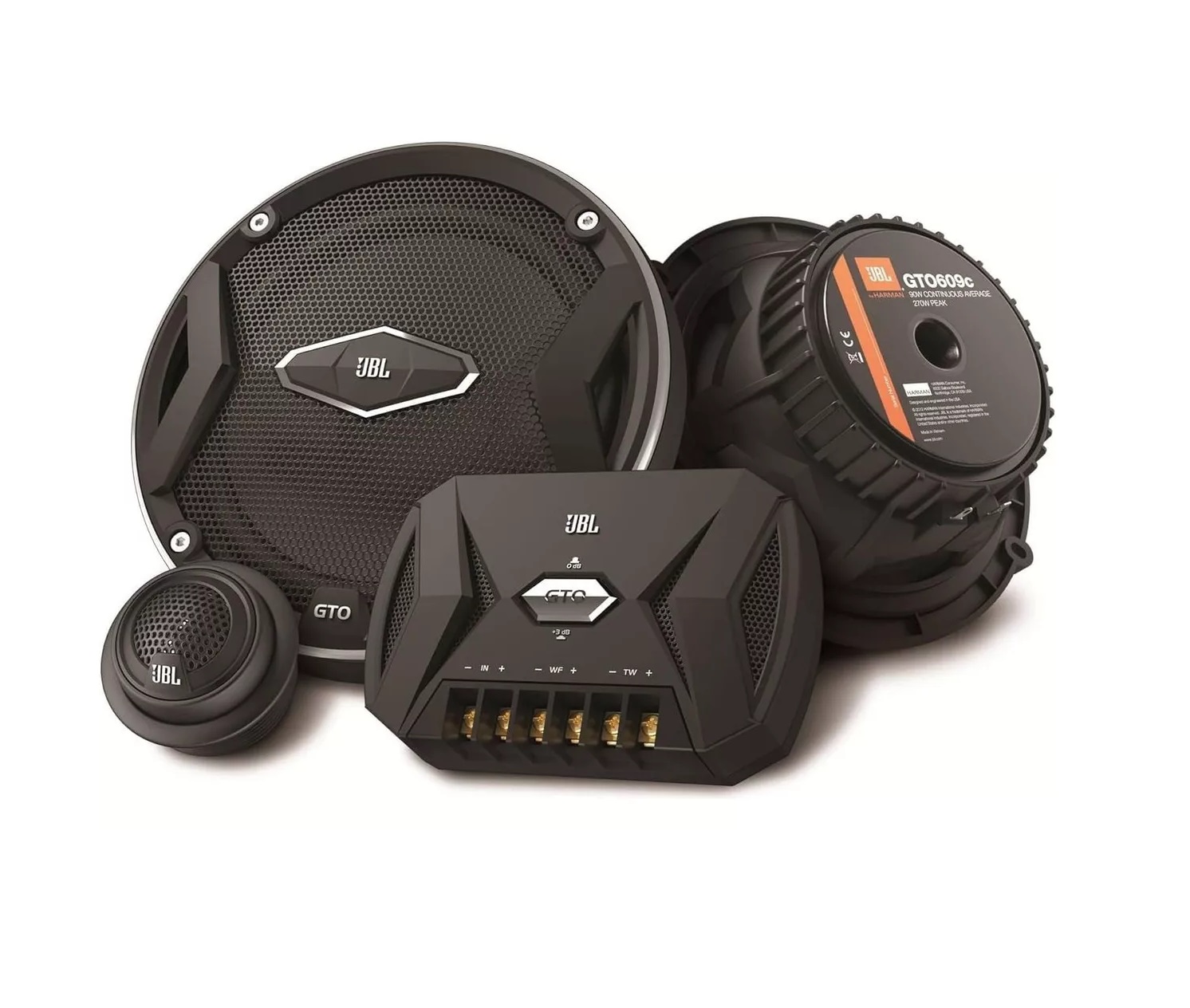 Sistema de Altavoces Bocinas JBL Modelo: GTO609C de 6.5 Pulgadas Para Automóvil, Set de 2, Color Negro (De 2 vías, 270 W, 200 W, 3 Ohmio, 92 Db, 2500 Hz).