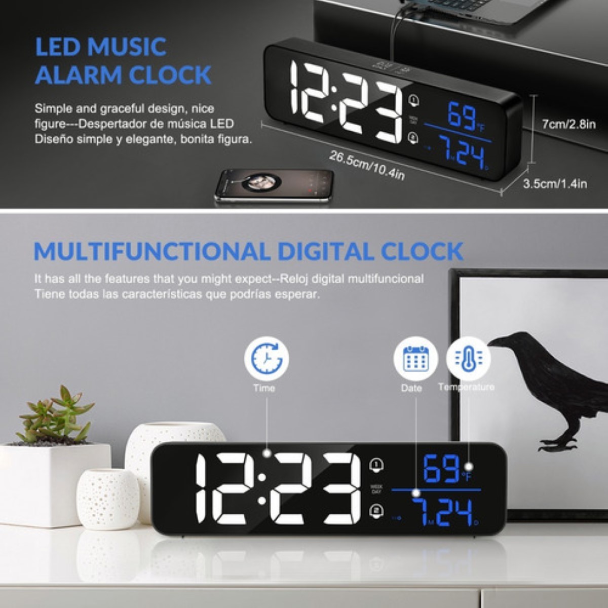 "Reloj Despertador Digital Visualización Grande Led  negro"