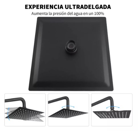 Regadera Cuadrada Tipo Lluvia Alta Presión Acero Inoxidable Color Negro T