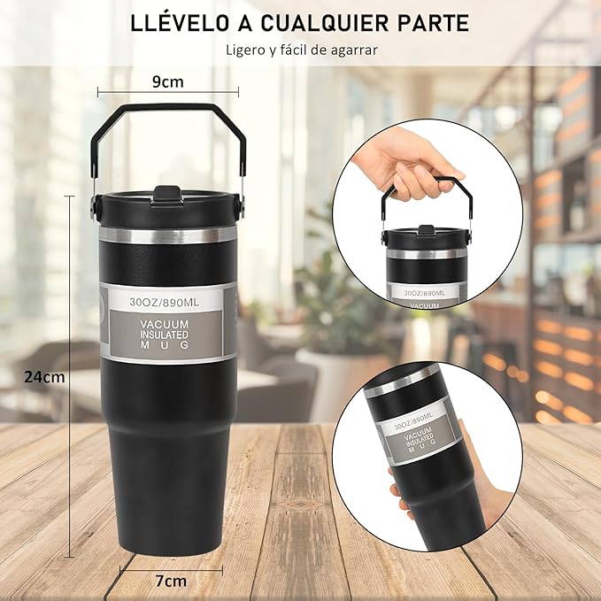 A Vaso Térmico de Acero Inoxidable de 900ml,Termo para Café de Mano de Doble Capa,Taza Termica Frío y Caliente con Tapa de Paja, Adecuado para Deportes al Aire Libre y Uso Diario(Negro).