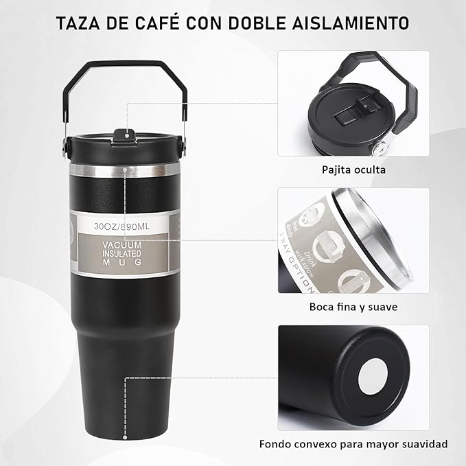 A Vaso Térmico de Acero Inoxidable de 900ml,Termo para Café de Mano de Doble Capa,Taza Termica Frío y Caliente con Tapa de Paja, Adecuado para Deportes al Aire Libre y Uso Diario(Negro).