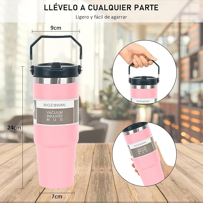 A Vaso Térmico de Acero Inoxidable de 900ml,Termo para Café de Mano de Doble Capa,Taza Termica Frío y Caliente con Tapa de Paja, Adecuado para Deportes Aire Libre y Uso Diario (Rosa).