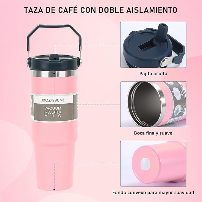 Taza De Viaje De Acero Inoxidable 350 Ml Con Tapa De Botón - Mantiene Frío/calor 12 Horas, Antigoteo, Base Silenciosa, Color Rosa