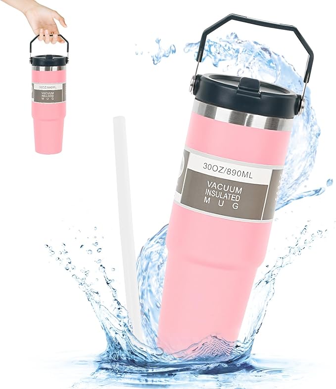 A Vaso Térmico de Acero Inoxidable de 900ml,Termo para Café de Mano de Doble Capa,Taza Termica Frío y Caliente con Tapa de Paja, Adecuado para Deportes Aire Libre y Uso Diario (Rosa).