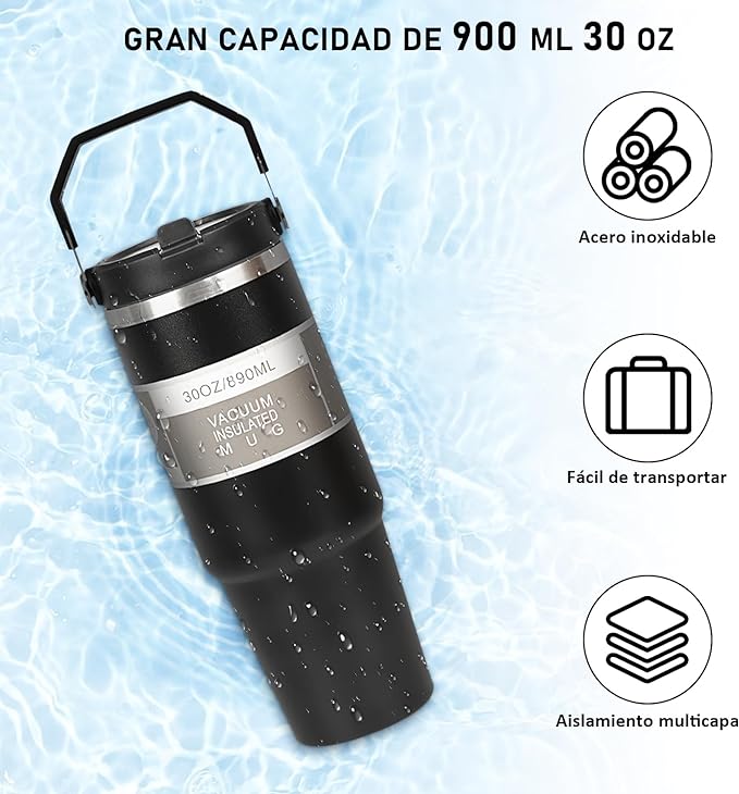 A Vaso Térmico de Acero Inoxidable de 900ml,Termo para Café de Mano de Doble Capa,Taza Termica Frío y Caliente con Tapa de Paja, Adecuado para Deportes al Aire Libre y Uso Diario(Negro).