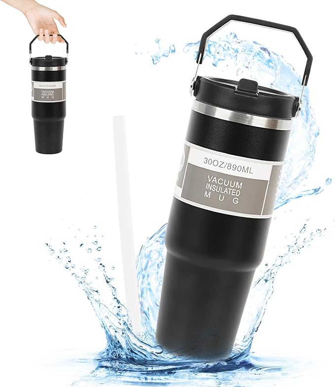 A Vaso Térmico de Acero Inoxidable de 900ml,Termo para Café de Mano de Doble Capa,Taza Termica Frío y Caliente con Tapa de Paja, Adecuado para Deportes al Aire Libre y Uso Diario(Negro).