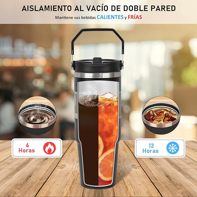A Vaso Térmico de Acero Inoxidable de 900ml,Termo para Café de Mano de Doble Capa,Taza Termica Frío y Caliente con Tapa de Paja, Adecuado para Deportes al Aire Libre y Uso Diario(Negro).
